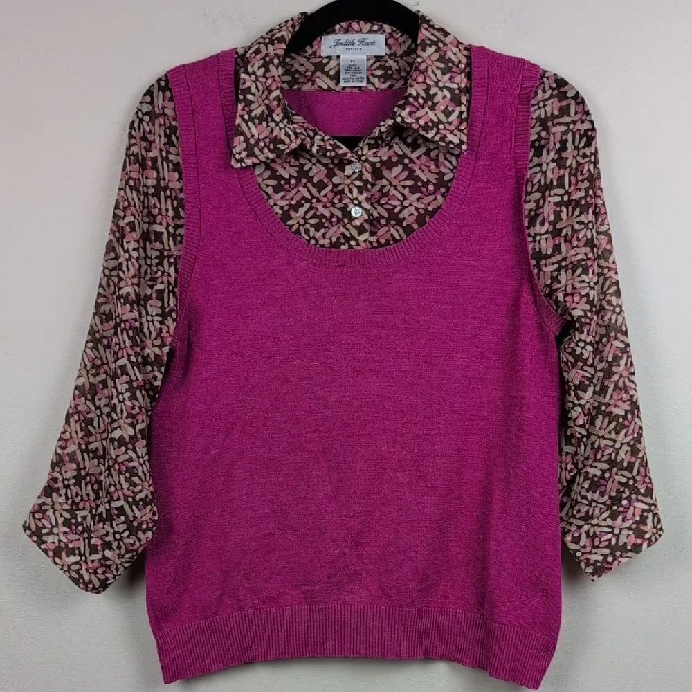 Judith Hart Pink Sweater Vest Brown Floral Attached 3/4 Length Sleeve Blouse Top